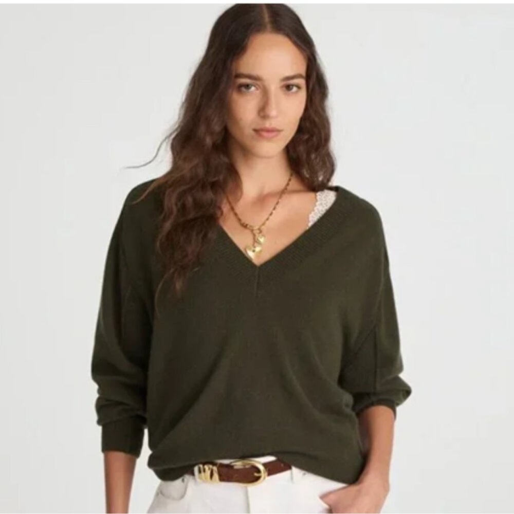Madewell Cashmere Green Bronzed Avocado V-neck Sweater